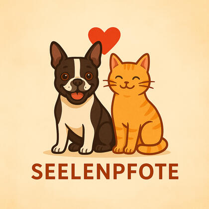 Logo von Seelenpfote: Ein Boston Terrier und eine orangefarbene Katze sitzen nebeneinander mit einem Herz über ihnen – Symbol für tierische Fürsorge und emotionale Hilfe.